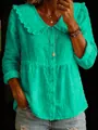 Detail view of turquoise linen shirt featuring ruffled Peter Pan collar and buttons - Verdant