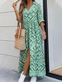 Detailed shot of a green and white geometric print maxi dress featuring a front slit. - S / Top And Bottom / Green White Geometric