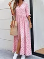 Elegant pink floral maxi dress featuring a lapel collar and mid-sleeves for spring. - S / Top And Bottom / Pink and Red Floral