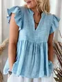 Close-up of light blue V-neck blouse with feminine ruffle sleeves and textured fabric. - S / Tops / Sky Blue