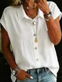 Detail view of a white casual loose short-sleeve button-down shirt with collar - S / Tops / White