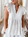 Close-up detail of women's white V-neck blouse with ruffle sleeves and linen texture - S / Tops / White