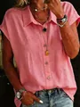 Close-up of casual pink linen-like short sleeve shirt with turn-down collar and buttons - S / Tops / Pink