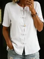 Close-up of white short-sleeved shirt with retro mandarin frog button details - S / Tops / White