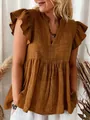 Detailed view of the ruffled sleeves and textured linen fabric of the V-neck shirt - S / Tops / Dark Brown