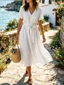 Vestido elegante de lino blanco con cuello en V y cinturón para verano. - S / Top Y Pantalón / Blanco
