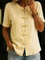 Close-up of casual yellow linen shirt with traditional frog buttons and short sleeves - S / Tops / Yellow