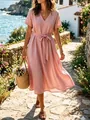 Detalle de vestido rosa de verano con escote en V, lazo en cintura y textura lino - S / Top Y Pantalón / Rosa