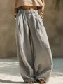 Elegante pantalón ancho de algodón y lino con cintura elástica y bolsillos para verano - Gris