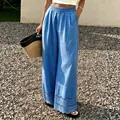 Pantalon large en coton et lin bleu clair avec des détails de dentelle festonnée très élégants - S / Bas / Bleu ciel