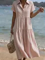 Casual plus size tiered shirt dress with lapel collar and short sleeves in pink - S / Pink
