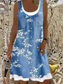 Loose sleeveless casual dress with white floral print and denim look layered design - S / Light Blue