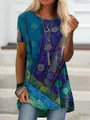 Detail of women's short sleeve T-shirt with vibrant blue and purple ethnic digital print - Blue