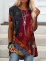 Macro view of women's colorful short-sleeve digital print tunic with ethnic patterns - S / Tops / Burgundy
