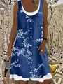 Loose casual sleeveless denim print dress featuring white floral patterns and buttons - S / Dark Blue