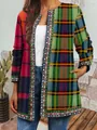 Macro view of ethnic geometric borders and plaid pattern on long-sleeved jacket - M / Tops / Fig 19 (Colorful Plaid Patchwork Print)