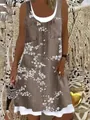Vintage brown floral sleeveless midi dress with button details and white layered hem - S / Brown