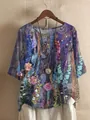 Vue détaillée de la tunique ample pour femme avec imprimé floral et cosmique violet vif. - Géométrique Abstrait Bohème (Style 7)