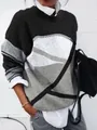 Detalle de blusa holgada de manga larga para mujer con estampado geométrico cepillado. - S / Tops / Negro Estampado Geométrico