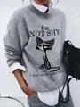 Detalle de sudadera gris con estampado de gato y eslogan I'm Not Shy en un estilo casual chic - S / Tops / Estampado de Gato Negro Gris