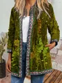 Detailed view of vintage ethnic floral print cardigan jacket with geometric borders. - M / Top (9440) / Olive Green Mandala Print