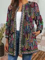 Close-up of a vintage ethnic print long sleeve jacket cardigan with vibrant boho patterns - M / Tops / Red