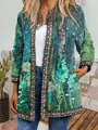 Detailed view of the intricate vintage ethnic floral and star prints on this long sleeve jacket - M / Top (9440) / Cyan Green Mixed Print