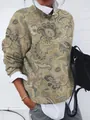Close-up of vintage paisley print women's loose long sleeve top with layered collar - Olive Green Vintage Paisley Print