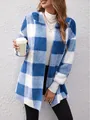 Modischer, lockerer, blau-weiß karierter Plüschstrick-Cardigan für Damen im Winter - S / Oberteile / Blau