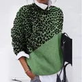 Detail view of green leopard print patchwork long sleeve top worn over white shirt - Green Leopard Splicing