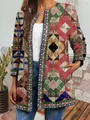 Detailed view of women's retro ethnic style printed long-sleeved open jacket cardigan - M / Tops / Colorful