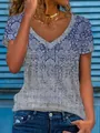 Maglietta casual da donna con scollo a V e elegante stampa floreale blu vintage - Taglia S / Top / Blu