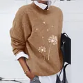 Detail of the dandelion print on the brown vintage loose long-sleeve casual sweatshirt - S / Tops / Tan Brown (Dandelion)
