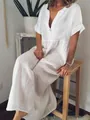 Vestido largo blanco de lino con escote en V, manga corta y diseño holgado con volantes - S / Top y Pantalones / Blanco