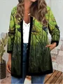 Detail of women's vintage ethnic floral print long sleeve open front cardigan jacket - M / Tops / Green with Yellow Floral Print