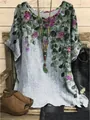 Boho style loose round neck top featuring vibrant leaf and floral print on linen texture - S / Tops / Grey Floral Print (Image 10)