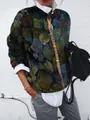 Detail view of women's vintage leaf print cardigan with long sleeves and button closure. - S / Top (9434) / Fallen Leaves Geometric Print (Pic 4)
