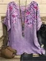 Casual purple short sleeve top with pink floral print on rustic wooden background - S / Tops / Light Purple Floral (Image 2)