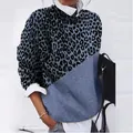 Detail of leopard print patchwork long sleeve shirt for a casual stylish look - Blue Leopard Patchwork