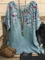 Detailed view of women's casual round neck floral print top with cascading leaf design - S / Tops / Light Blue Ditsy Floral Print (Image 1)