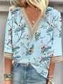 Camiseta de mujer azul claro con flores, cuello en V de encaje y manga 3/4 - Floral Azul Claro Blanco Marrón (Estilo 3)