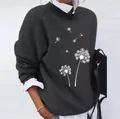 Detail of grey loose sweatshirt with white dandelion floral print design - S / Tops / Dark Gray (Dandelion)