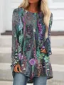 Detailed front view of women's round neck top with vintage ethnic floral print - S / Top (9532) / Type 3 (Purple Floral Scroll Print)