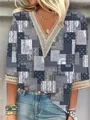 Top bohemio con cuello en V, estampado paisley, ribete de encaje y media manga mujer - Estampado Paisley Color Block (Estilo 4)