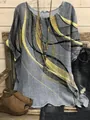 Detail of a casual women's loose grey top with yellow abstract wavy line prints - S / Tops / Grey Wave Print (Image 7)