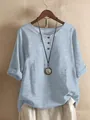 Blouse tunique décontractée à rayures bleu clair pour femme avec col à boutons et manches - Rayures Verticales Bleu Clair (Style 6)