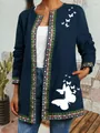 Close-up of ethnic style open cardigan with white butterfly prints and patterned trim - M / Tops / Dark Blue Butterfly Print