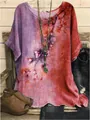 Detailed view of women's loose floral print tunic top with rustic styling and accessories - S / Tops / Gradient Purple-Red Floral (Figure 6)