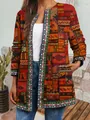 Close-up of vintage ethnic patchwork print open front cardigan jacket - M / Tops / Multicolor Patchwork Geometric Print (Figure 14)