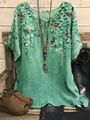 Detail view of a loose green floral print round neck top with linen-like texture - S / Tops / Light Green Floral (Image 3)